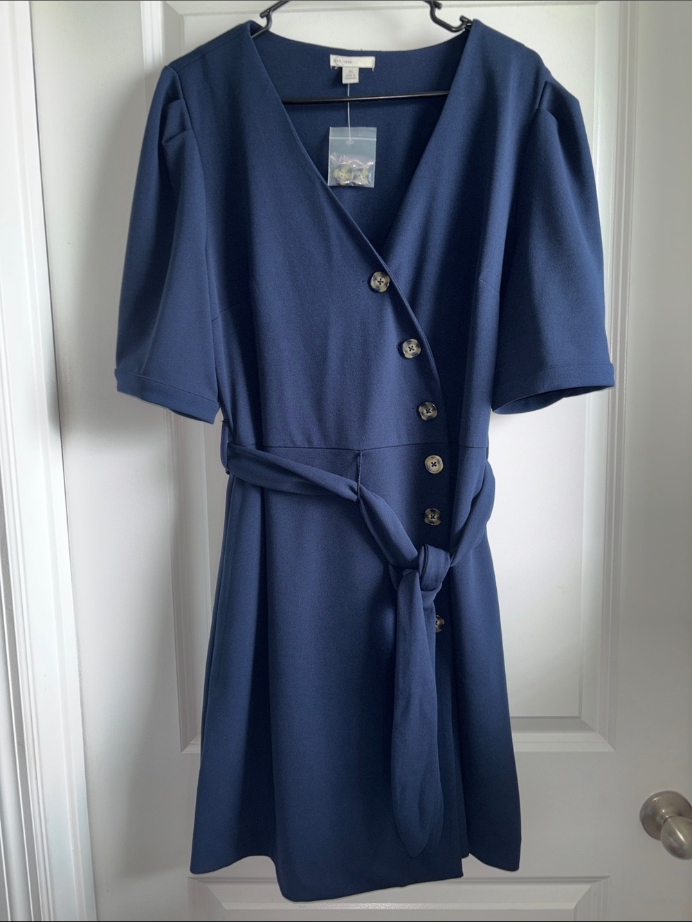 Classic Navy Button-Front Midi Dress with Self-Tie Waist - Picture 1 of 4